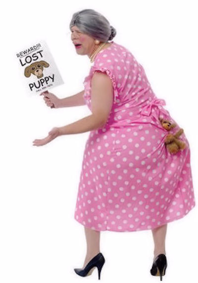 Funny picture with old woman with lost puppy sign, and a stuffed puppy in her butt.